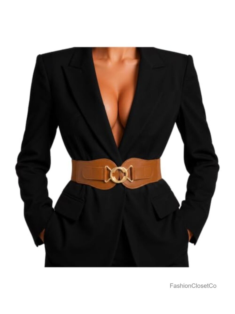 Wide Waist Belt for Dresses Stretchy Woven Elastic Gold-Tone Buckle Office